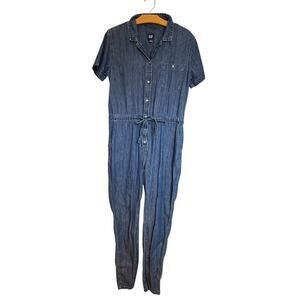 Gap Short Sleeve Chambray Denim Jumpsuit Medium Wash Utility Boiler Suit Size 6